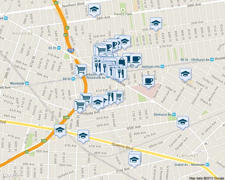 map of restaurants, bars, coffee shops, grocery stores, and more near in Queens