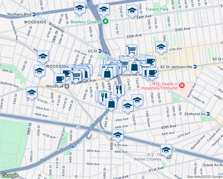 map of restaurants, bars, coffee shops, grocery stores, and more near 41-3 69th Street in Queens