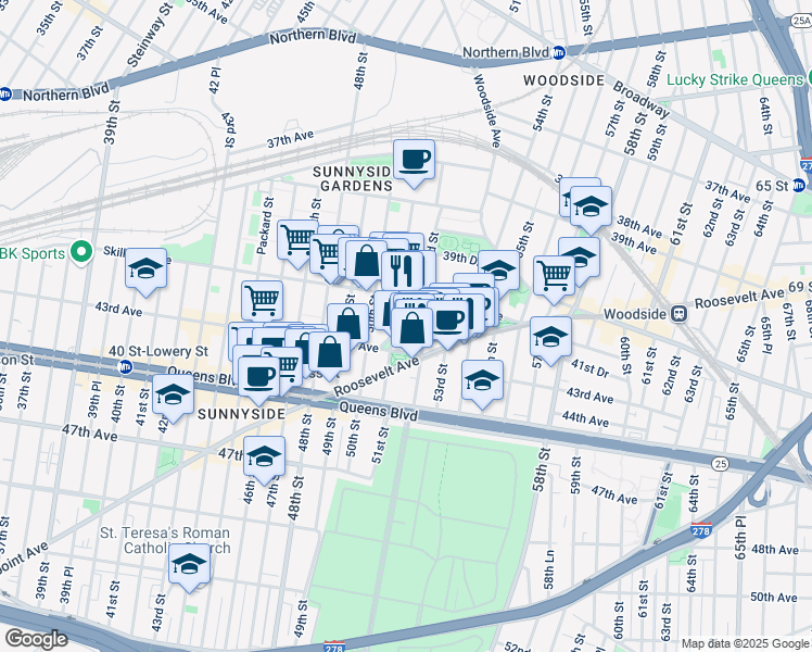 map of restaurants, bars, coffee shops, grocery stores, and more near 5217 Roosevelt Avenue in Queens