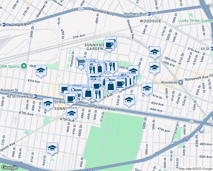 map of restaurants, bars, coffee shops, grocery stores, and more near 50-05 43rd Avenue in Queens