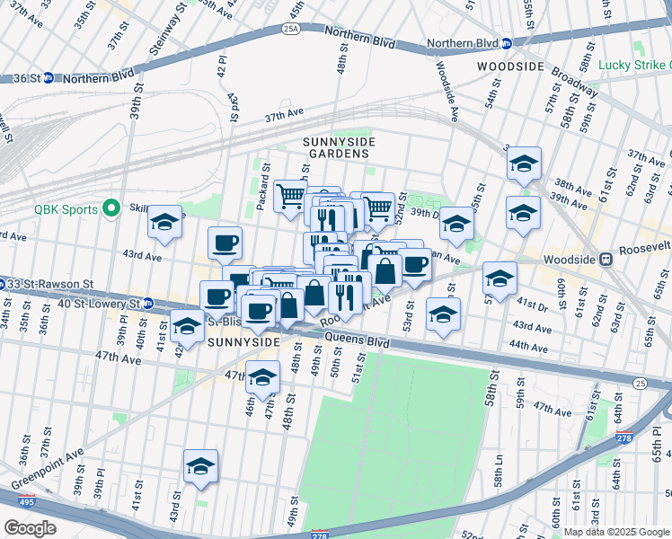 map of restaurants, bars, coffee shops, grocery stores, and more near 49-2 43rd Avenue in Queens