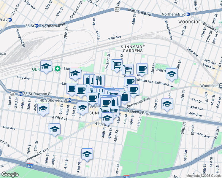 map of restaurants, bars, coffee shops, grocery stores, and more near 46-16 43rd Avenue in Queens