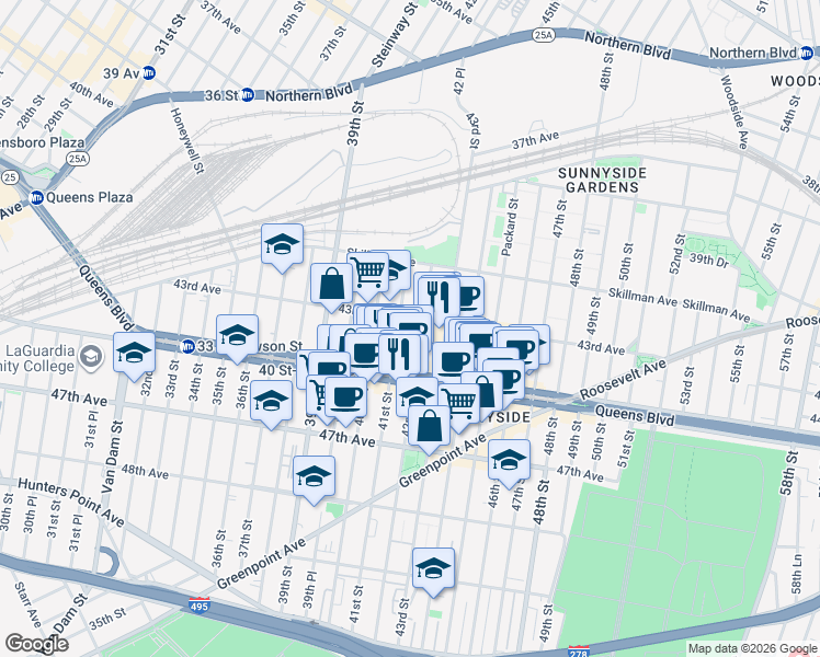 map of restaurants, bars, coffee shops, grocery stores, and more near in Queens