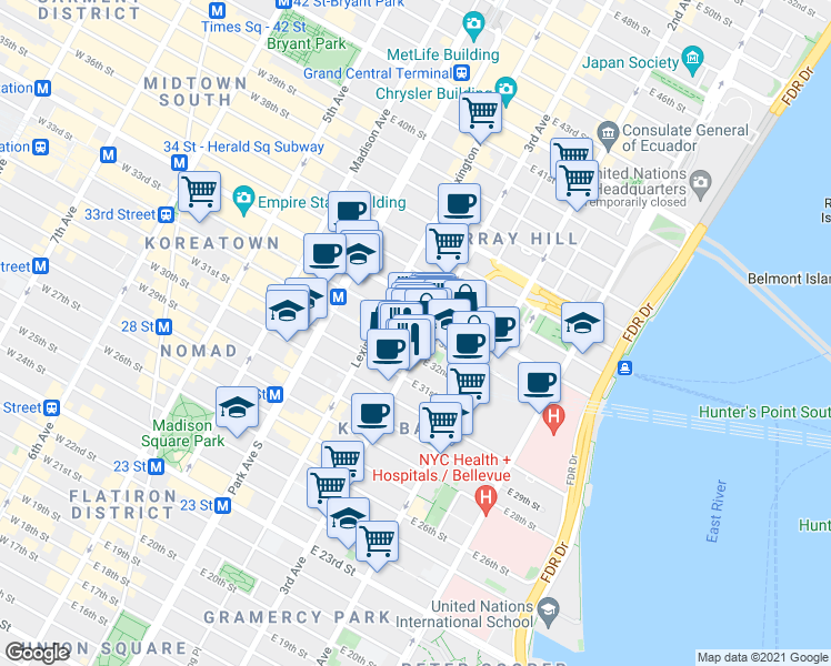 map of restaurants, bars, coffee shops, grocery stores, and more near in New York
