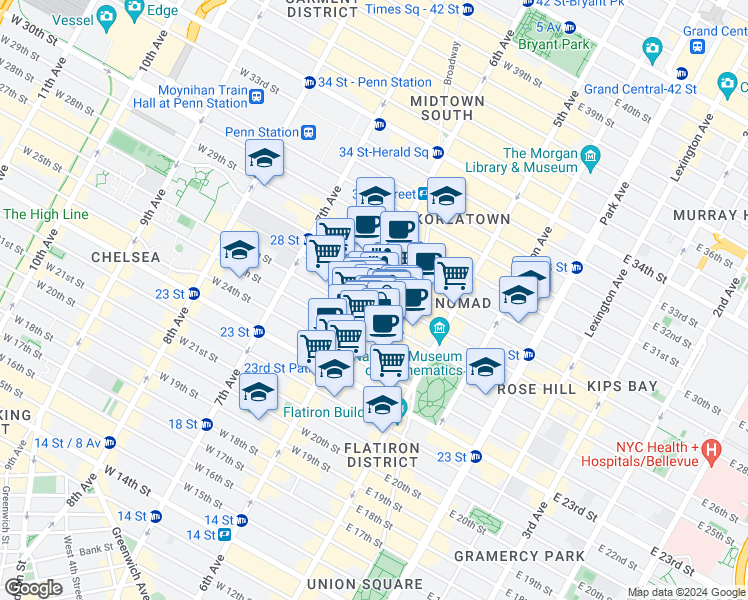 map of restaurants, bars, coffee shops, grocery stores, and more near 37w West 26th Street in New York
