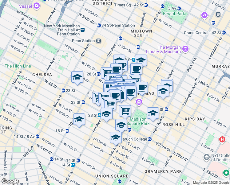 map of restaurants, bars, coffee shops, grocery stores, and more near 37w West 26th Street in New York