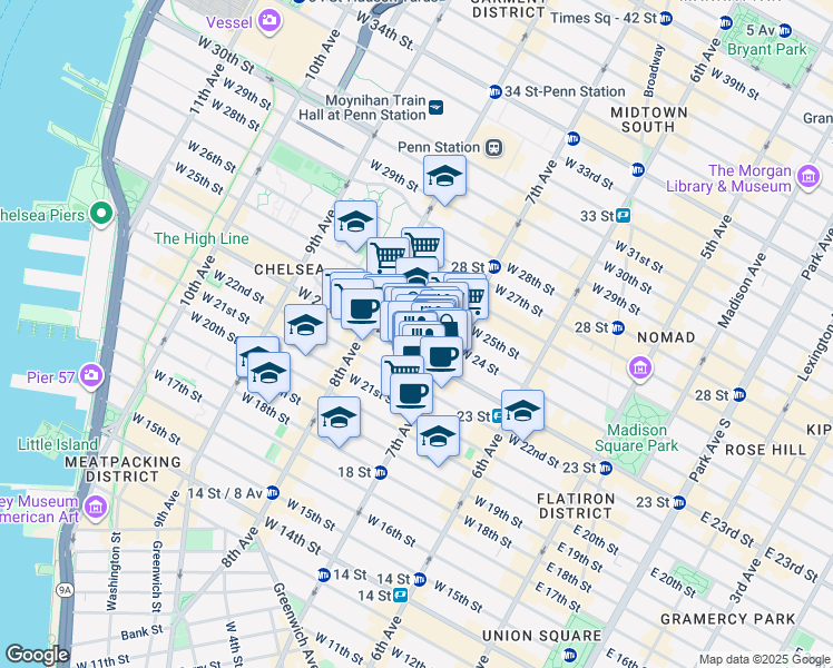 map of restaurants, bars, coffee shops, grocery stores, and more near 213 West 23rd Street in New York