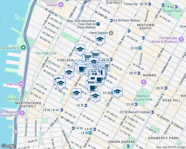 map of restaurants, bars, coffee shops, grocery stores, and more near 213 West 23rd Street in New York