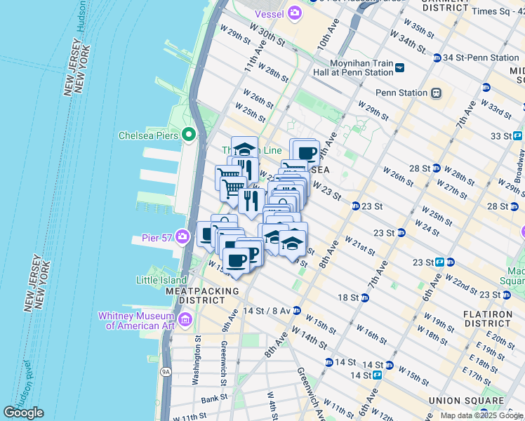 map of restaurants, bars, coffee shops, grocery stores, and more near 421 West 19th Street in New York