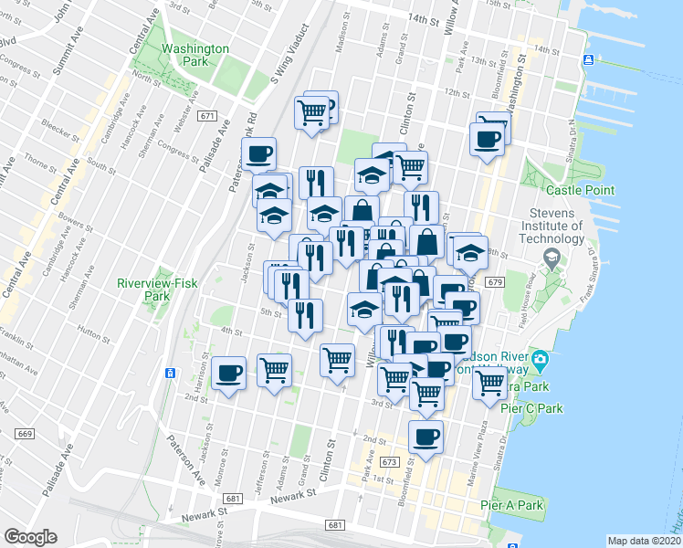 map of restaurants, bars, coffee shops, grocery stores, and more near 358 6th Street in Hoboken