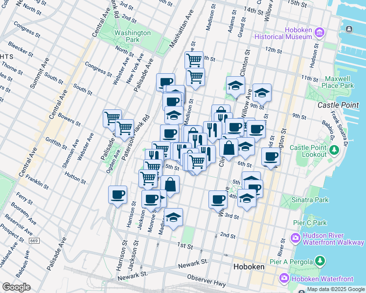 map of restaurants, bars, coffee shops, grocery stores, and more near 525 Madison Street in Hoboken