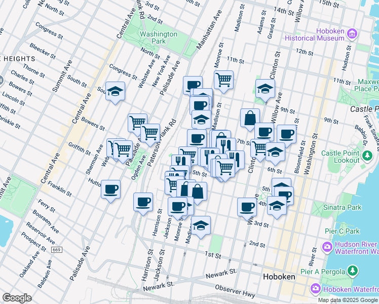 map of restaurants, bars, coffee shops, grocery stores, and more near 518 Monroe Street in Hoboken