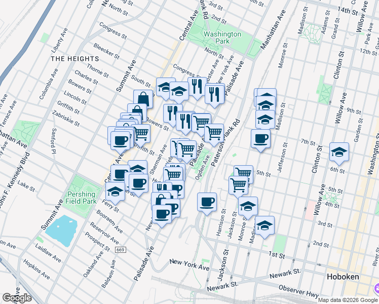 map of restaurants, bars, coffee shops, grocery stores, and more near 246 New York Avenue in Jersey City