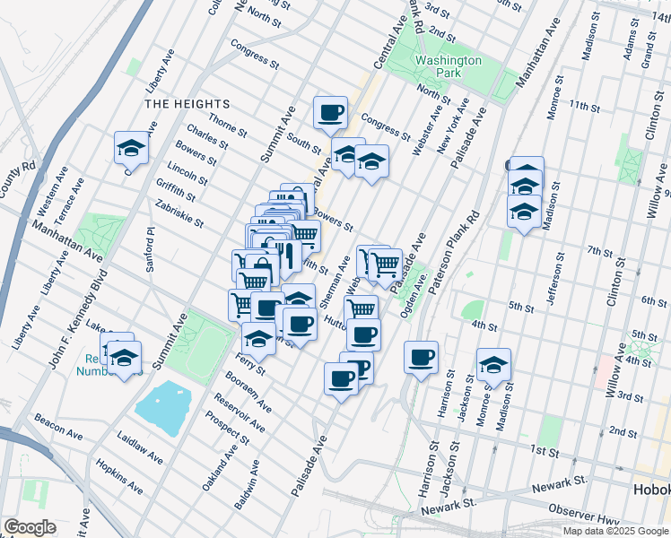 map of restaurants, bars, coffee shops, grocery stores, and more near 62 Hancock Avenue in Jersey City