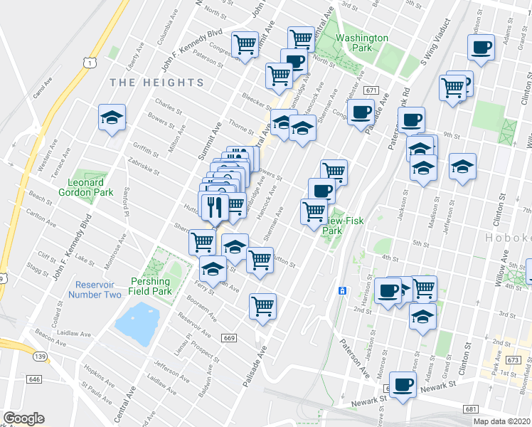 map of restaurants, bars, coffee shops, grocery stores, and more near 62 Hancock Avenue in Jersey City