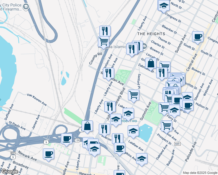 map of restaurants, bars, coffee shops, grocery stores, and more near 114 Carlton Avenue in Jersey City