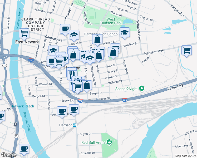 map of restaurants, bars, coffee shops, grocery stores, and more near 52 Washington Street in Harrison