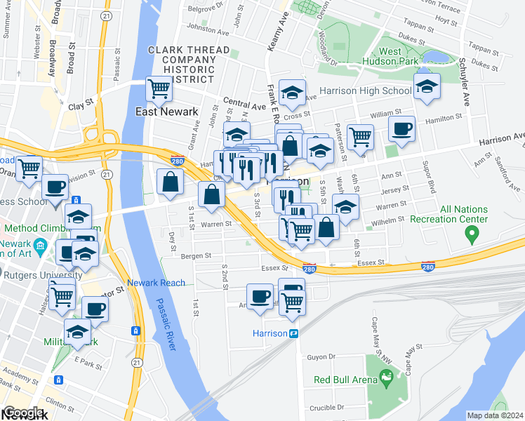 map of restaurants, bars, coffee shops, grocery stores, and more near 207 South 3rd Street in Harrison