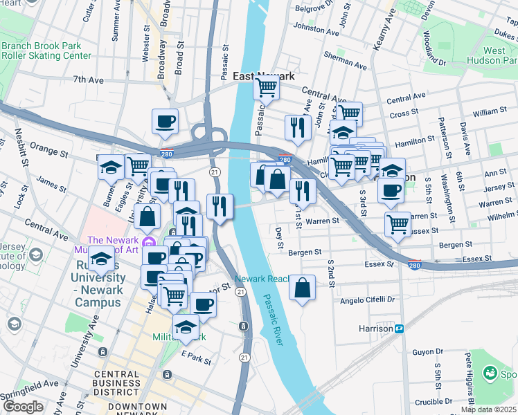 map of restaurants, bars, coffee shops, grocery stores, and more near 201 Dey Street in Harrison