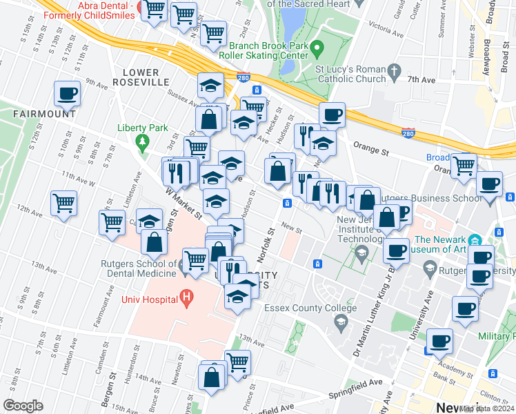 map of restaurants, bars, coffee shops, grocery stores, and more near in Newark