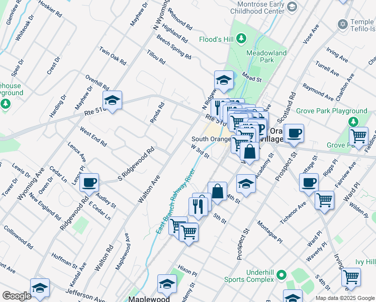 map of restaurants, bars, coffee shops, grocery stores, and more near 181 Church Street in South Orange