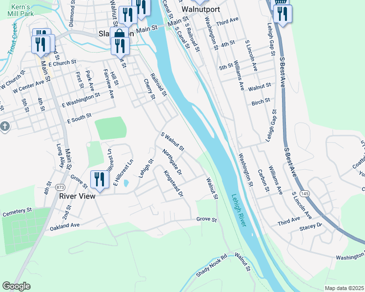 map of restaurants, bars, coffee shops, grocery stores, and more near 500 South Walnut Street in Slatington