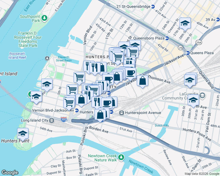 map of restaurants, bars, coffee shops, grocery stores, and more near in Queens