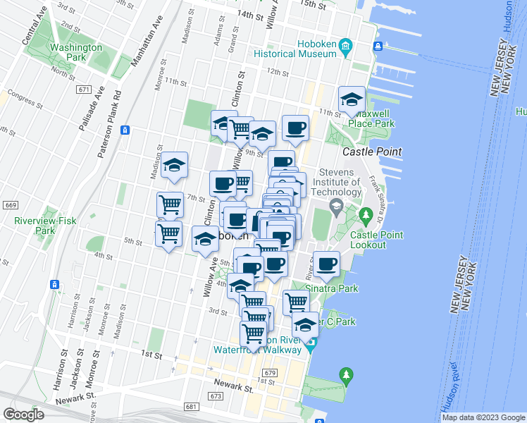 map of restaurants, bars, coffee shops, grocery stores, and more near 162 7th Street in Hoboken