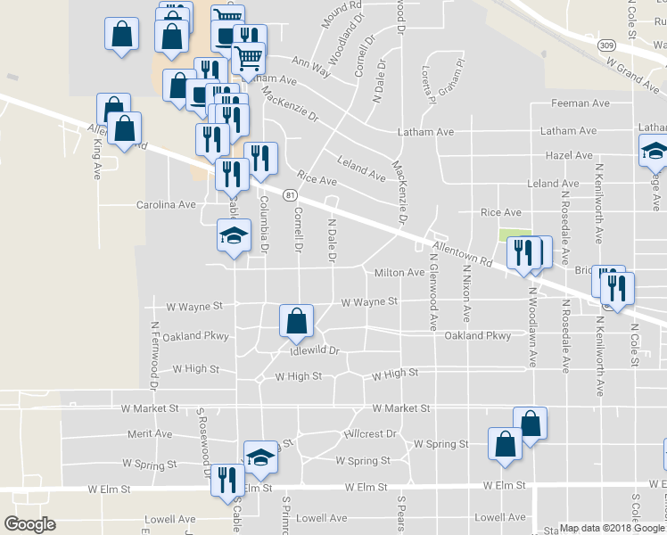 map of restaurants, bars, coffee shops, grocery stores, and more near 1998 University Boulevard in Lima
