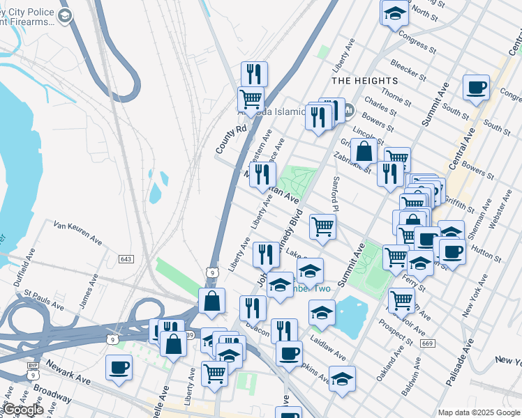 map of restaurants, bars, coffee shops, grocery stores, and more near 227 Liberty Avenue in Jersey City