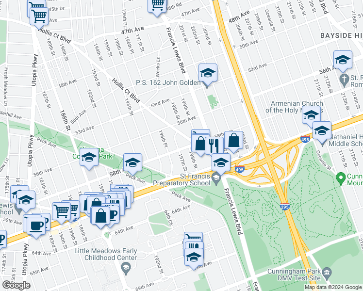 map of restaurants, bars, coffee shops, grocery stores, and more near 197-5 58th Avenue in Queens