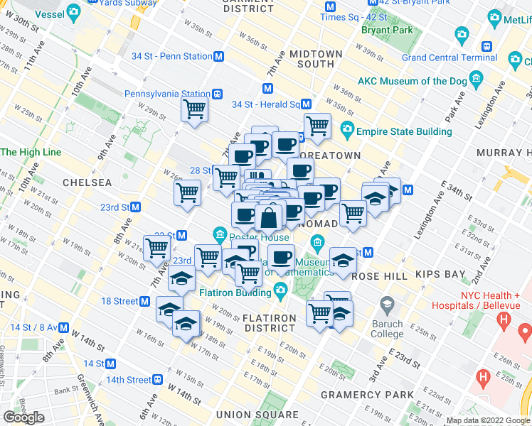 map of restaurants, bars, coffee shops, grocery stores, and more near 50 West 27th Street in New York