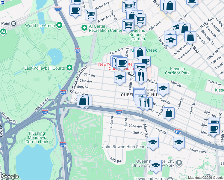 map of restaurants, bars, coffee shops, grocery stores, and more near 134-41 59th Avenue in Queens