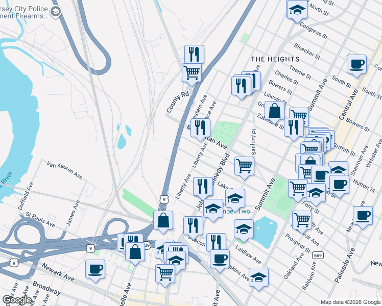 map of restaurants, bars, coffee shops, grocery stores, and more near 227 Liberty Avenue in Jersey City
