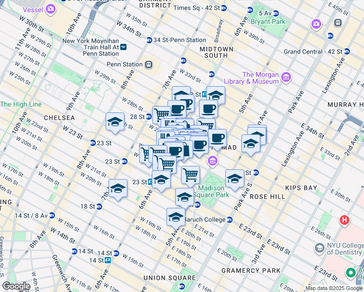 map of restaurants, bars, coffee shops, grocery stores, and more near 37w West 26th Street in New York