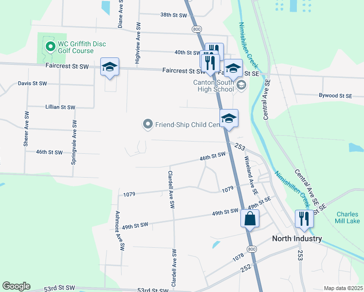 map of restaurants, bars, coffee shops, grocery stores, and more near 230 45th Street Southwest in Canton