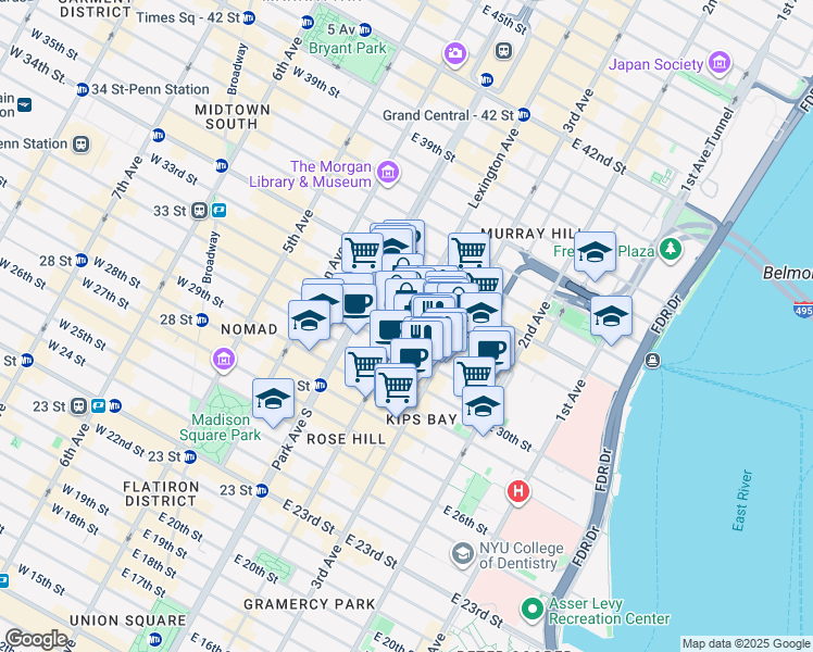 map of restaurants, bars, coffee shops, grocery stores, and more near 132 East 32nd Street in New York