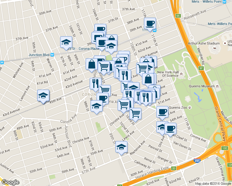 map of restaurants, bars, coffee shops, grocery stores, and more near 102-46 Nicolls Avenue in Queens