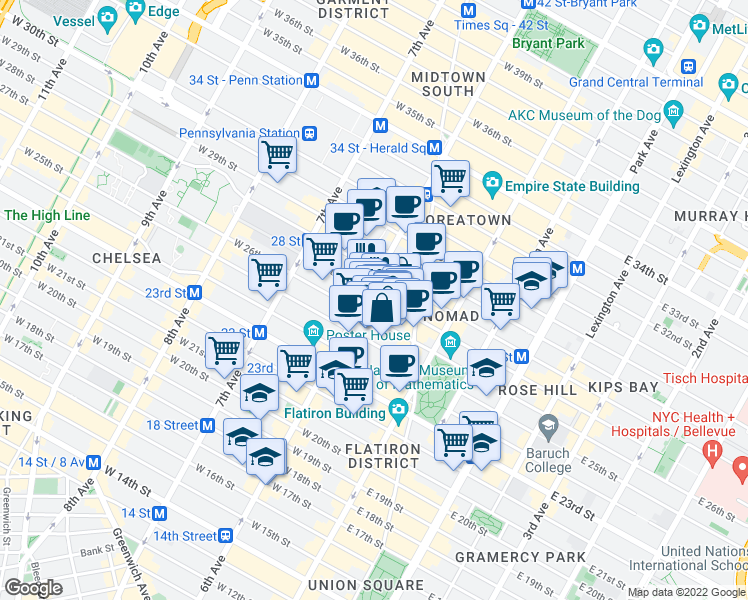 map of restaurants, bars, coffee shops, grocery stores, and more near 60 West 27th Street in New York