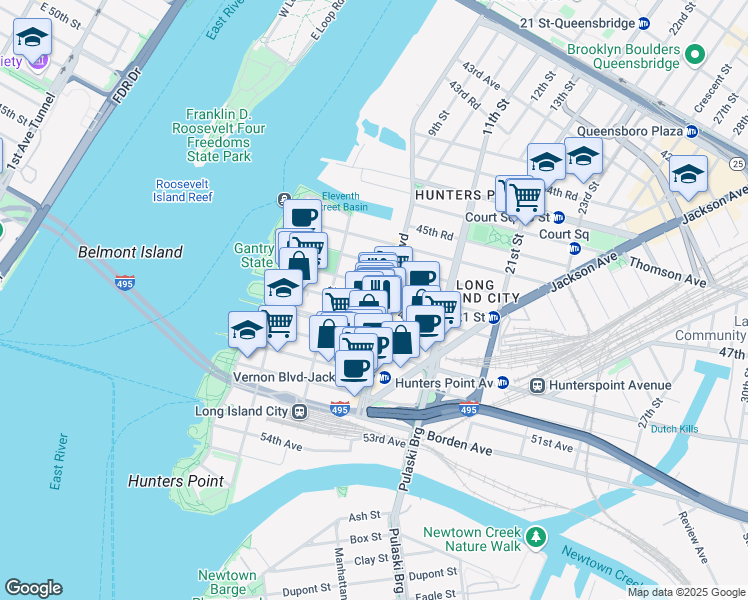 map of restaurants, bars, coffee shops, grocery stores, and more near 4812 Vernon Boulevard in Queens