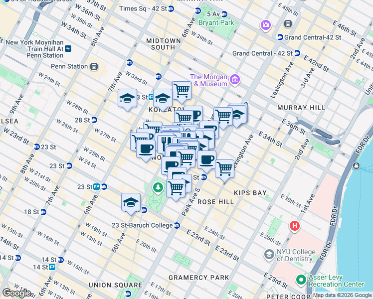 map of restaurants, bars, coffee shops, grocery stores, and more near 11 East 29th Street in New York