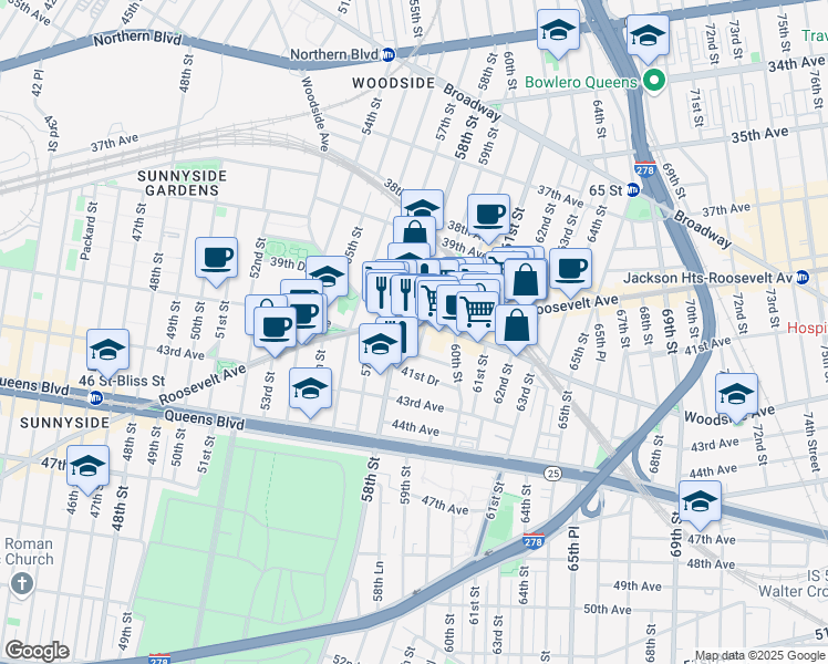 map of restaurants, bars, coffee shops, grocery stores, and more near 58-14 Roosevelt Avenue in Queens