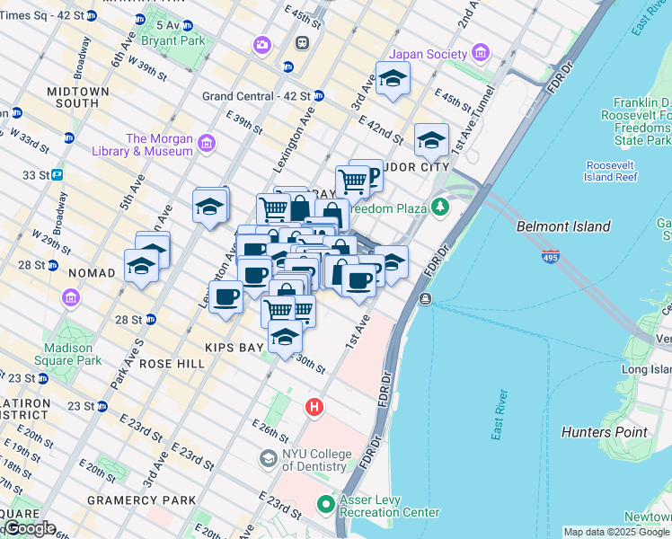 map of restaurants, bars, coffee shops, grocery stores, and more near 604 2nd Avenue in New York