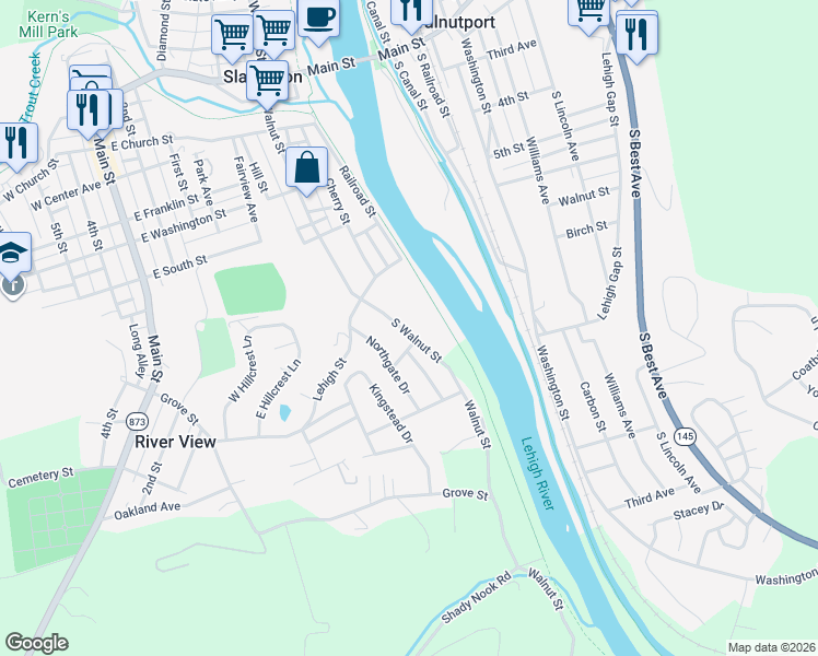 map of restaurants, bars, coffee shops, grocery stores, and more near 500 South Walnut Street in Slatington