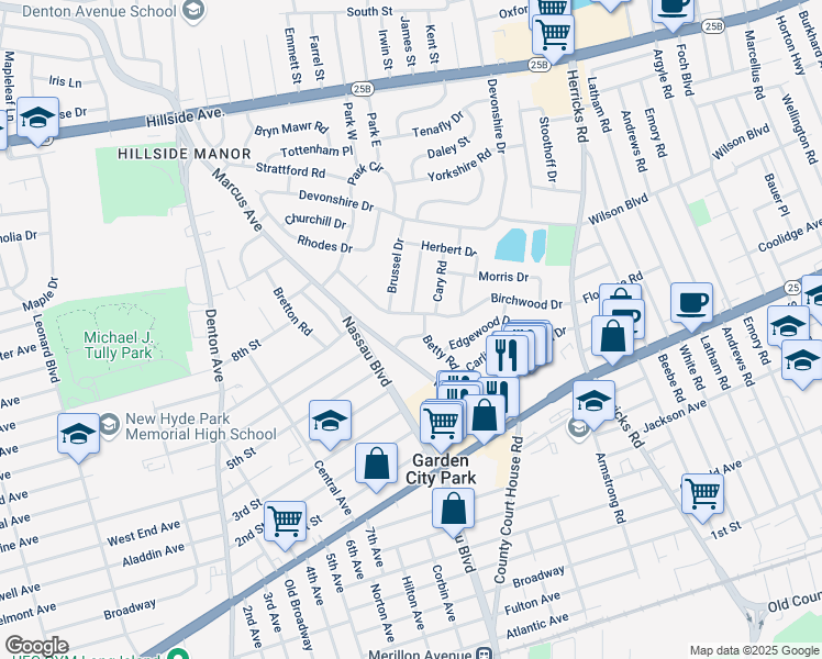 map of restaurants, bars, coffee shops, grocery stores, and more near 122 Betty Road in New Hyde Park