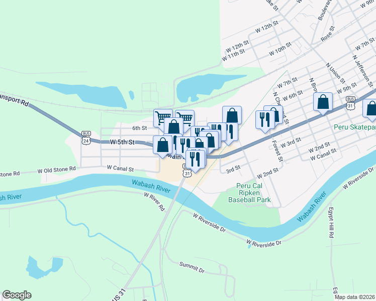 map of restaurants, bars, coffee shops, grocery stores, and more near 951 West Main Street in Peru