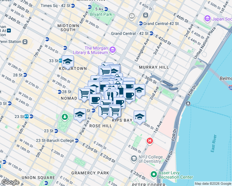 map of restaurants, bars, coffee shops, grocery stores, and more near 198 Lexington Avenue in New York