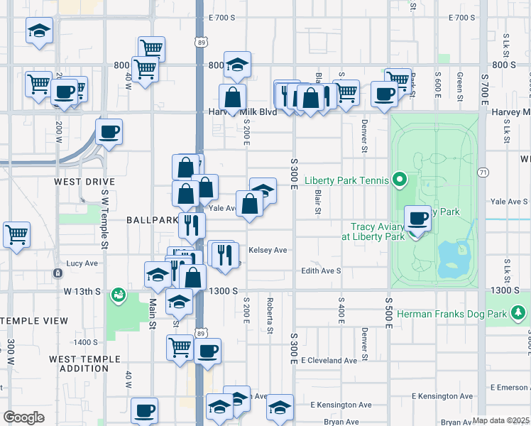map of restaurants, bars, coffee shops, grocery stores, and more near 1090 Roberta Street in Salt Lake City