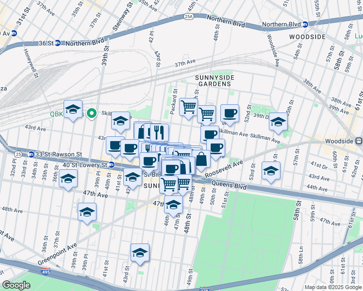 map of restaurants, bars, coffee shops, grocery stores, and more near 41-41 46th Street in Queens
