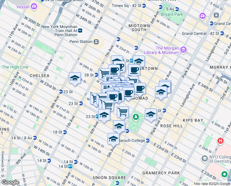 map of restaurants, bars, coffee shops, grocery stores, and more near 70 West 27th Street in New York
